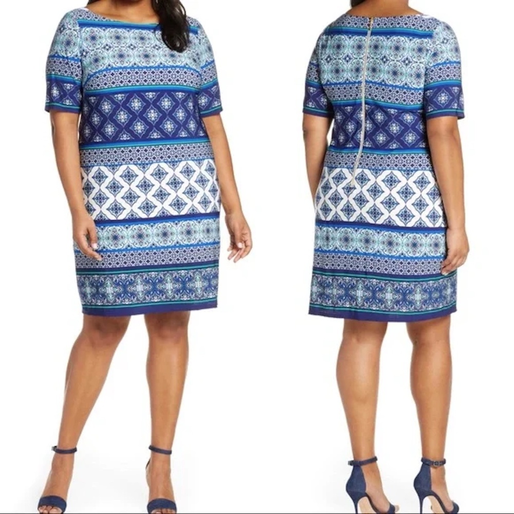 ELIZA J Womens Shift Dress Striped Knit Paisley Geometric in Blue Plus S…